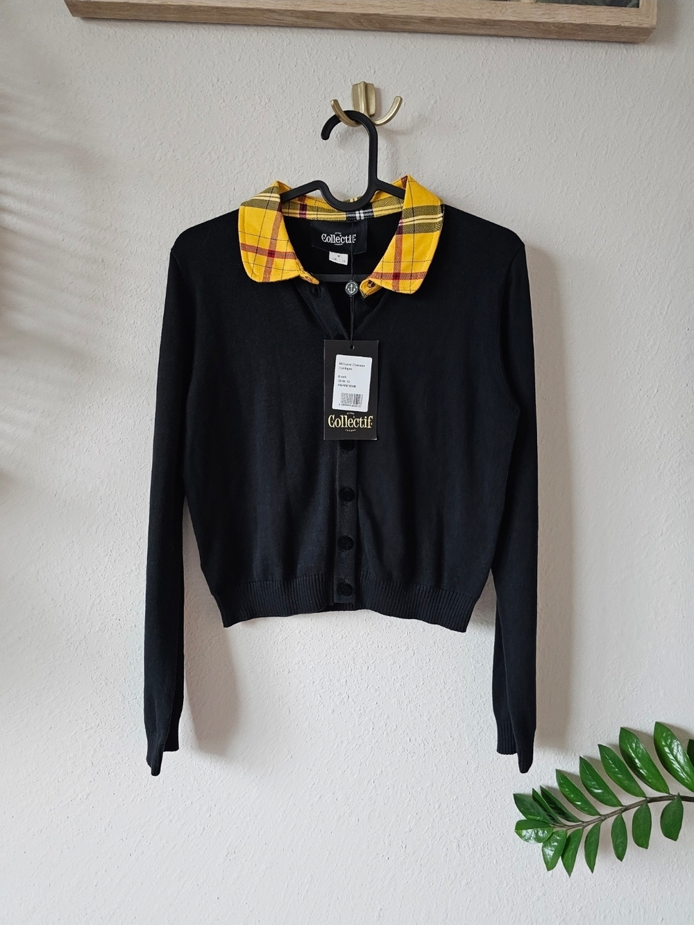 Collectif Black Cardigan with Yellow Tartan Collar - Picture 2 of 11